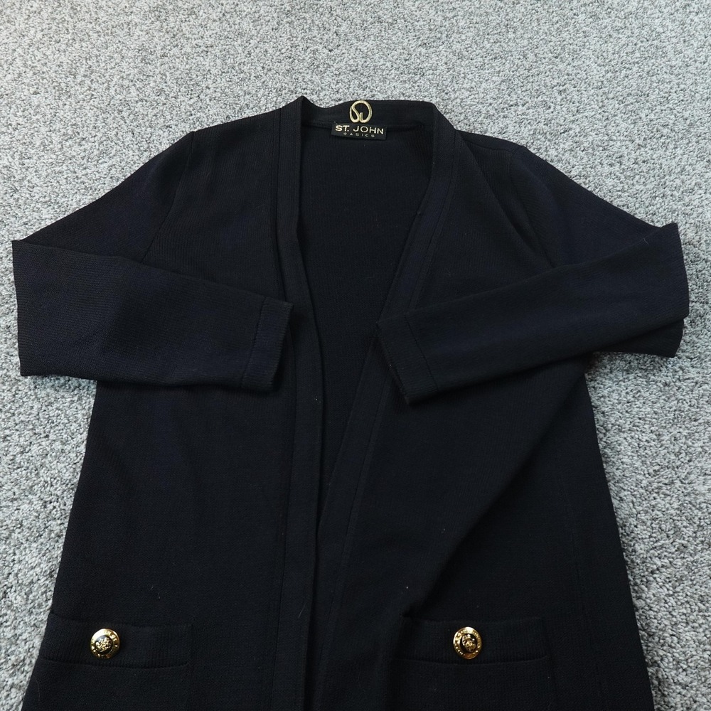 St John Cardigan Womens S Black Knit Open Sweater Gold Buttons Blazer Luxury